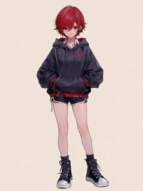 a woman with a shortcut, Tomboy, red hair, My daughter , plain hoodie, shorts, Put your hands in the open, Full Body, Standing picture, no background