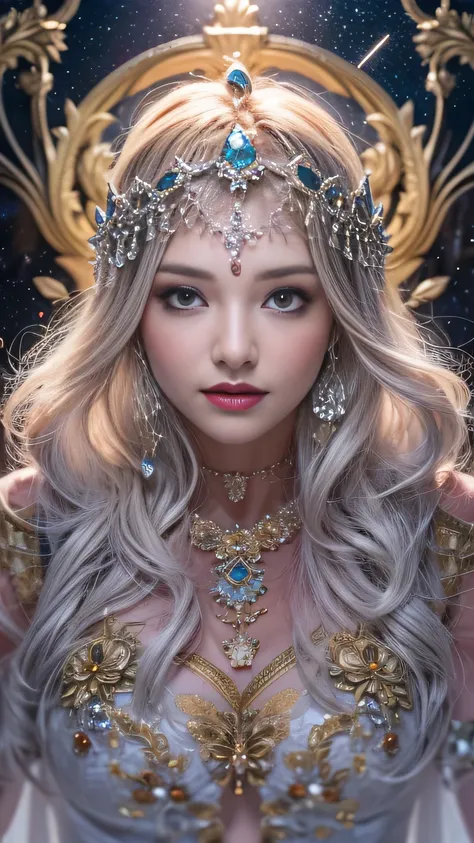 (8k, RAW photo, highest quality, masterpiece: 1), highest quality, (correct anatomy: 1.2), (photorealistic: 1.7), ultra HD, surreal, official art, divine nature, elegant and noble , violet, white, blonde, accurate and perfect human anatomy, knee-high shot,...