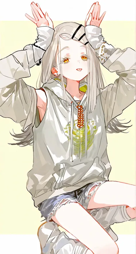 Sleeveless hoodie, oversized arm warmers, bunny pose, tongue, ((Hiro Shinosawa)), Gakuen iDOLM@STER, loose socks 