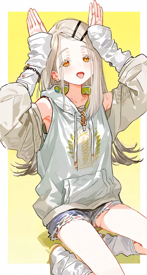 Sleeveless hoodie, oversized arm warmers, bunny pose, tongue, ((Hiro Shinosawa)), Gakuen iDOLM@STER, loose socks 
