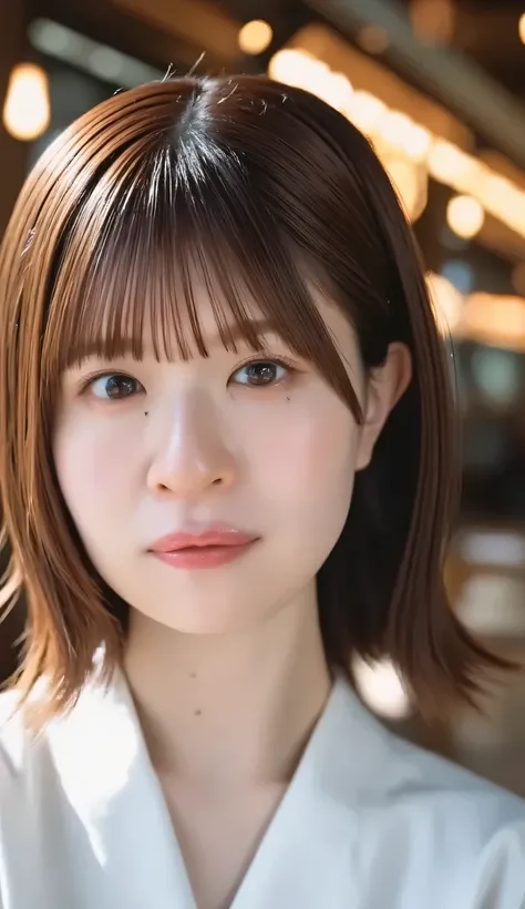 The image is a close-up portrait of a young woman, My skin is white.  her eyes are wide open , Half down bangs . she's wearing a white collared shirt、looking directly at the camera with a serious expression. blurred background, Therefore、The focus is on a ...