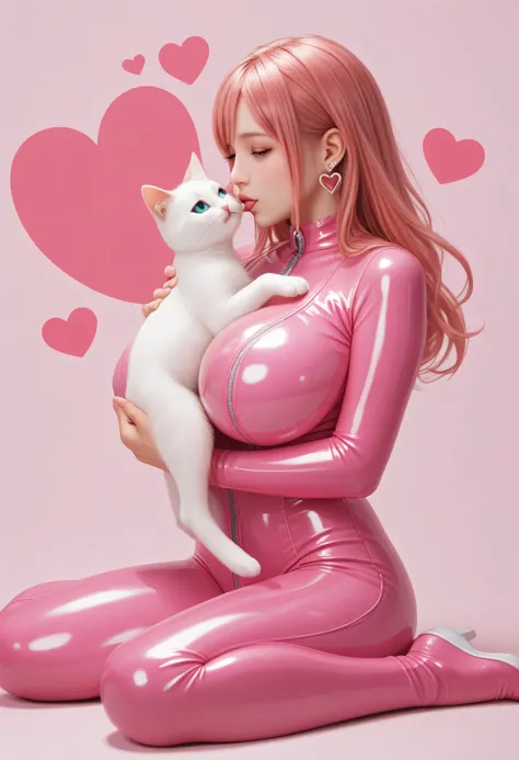 Japanese beautiful girl,   huge breasts, ，乳沟，低胸, ,earrings,, abstract background, colorful background，long legs,
 playfully, , many little hearts, honoka, pink hair，  She winked with one eye, and made a playful expression. one eye open, one eye close, Her ...