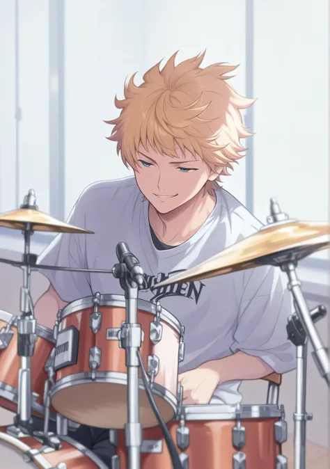 1male,solo,Kouichi Shindou,orenge hair,long hair,blue eyes,smirk,black shirt,black jean,sitting on chair,black drums,music room,