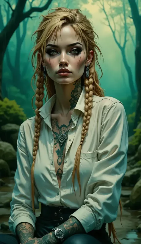 Score_9, score_8_up, score_7_up, ((highest quality)), ((masterpiece)), ((full face)), Perfect Face, (High definition), (Best Shadow), 8k, cinematic. Comic sex art. A woman(40th) with intricate tattoos, long blonde braided hair(wet), shaved sides, using sm...