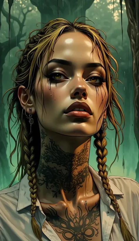 Score_9, score_8_up, score_7_up, ((highest quality)), ((masterpiece)), ((full face)), Perfect Face, (High definition), (Best Shadow), 8k, cinematic. Comic sex art. A woman(40th) with detailed tattoos, long blonde braided hair(wet), shaved sides, using smal...