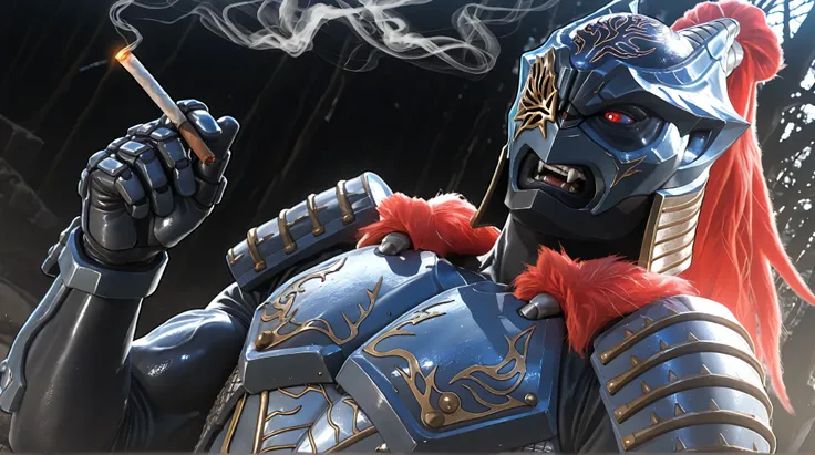 (Zamushar, pitch black manly body, masculine, muscular, defined muscles, bara, detailed armor), nsfw, monster male, shiny skin, red hair, ponytail, white pupils, fangs, uneven eyes, (one-eyed), chest armor, waist armor, Gauntlets, (muscular), leg guard, ev...