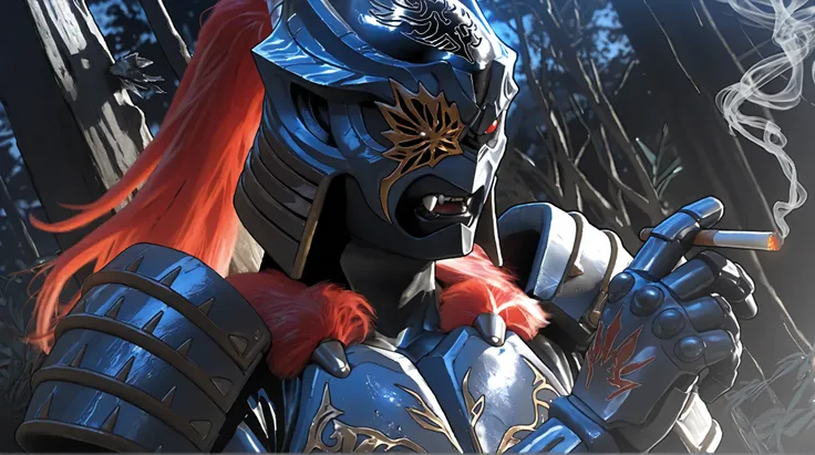 (Zamushar, pitch black manly body, masculine, muscular, defined muscles, bara, detailed armor), nsfw, monster male, shiny skin, red hair, ponytail, white pupils, fangs, uneven eyes, (one-eyed), (no sclera:1.2), chest armor, waist armor, Gauntlets, (muscula...
