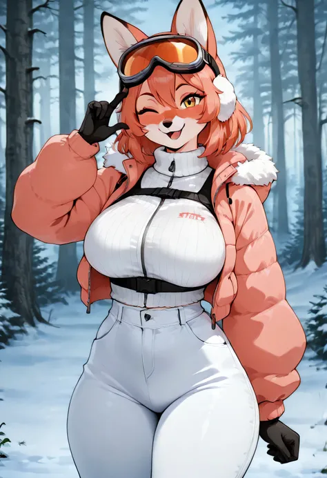 Wearing a pastel pink cropped winter jacket with a fluffy white collar, this busty anthro vixen rides through a snowy forest trail. Her snug white snow pants and fluffy earmuffs give her a cutesy look, but her expression is flirty and bold. One gloved hand...