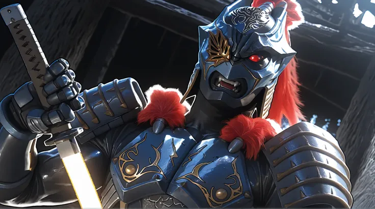 (Zamushar, pitch black manly body, masculine, muscular, defined muscles, bara, detailed armor), nsfw, monster male, shiny skin, red hair, ponytail, white pupils, fangs, uneven eyes, (one-eyed), (no sclera:1.2), chest armor, waist armor, Gauntlets, leg guar...