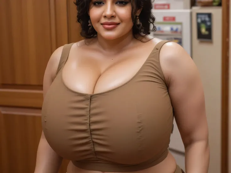 Hot indian curvy thick milf, thick thighs, woman wearing sleeveless and strapless Brown color tanktop and tight jean shorts, woman standing coming out of door  looking at camera with a sexy tired blushing expression