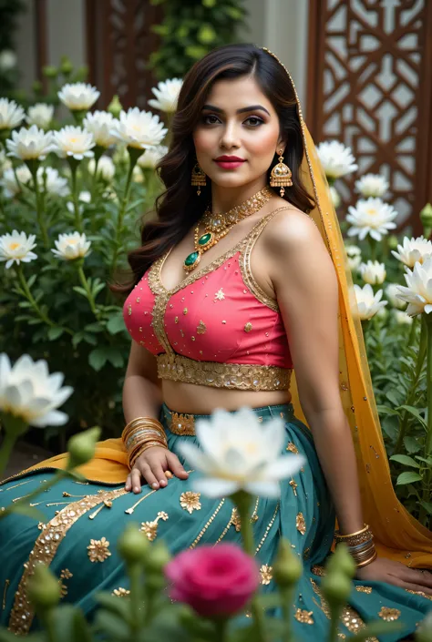 A beautiful Indian woman seated gracefully in an outdoor floral setting, wearing a traditional lehenga-choli ensemble with a richly embroidered hot pink blouse, Peacock Blue Hexagon-1.5'' color skirt, and mustard-yellow dupatta draped across her shoulder. ...