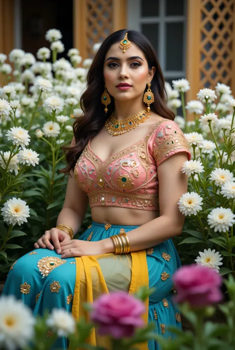A beautiful Indian woman seated gracefully in an outdoor floral setting, wearing a traditional lehenga-choli ensemble with a richly embroidered Rose pink blouse, Peacock Blue Hexagon-1.5'' color skirt, and mustard-yellow dupatta draped across her shoulder....