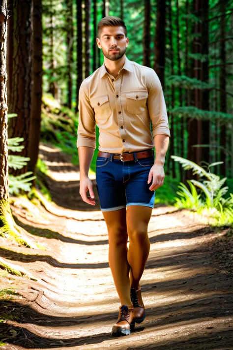 one young caucasian male guy with male face, wearing a jeans mini skirt, beige outdoor shirt,suntan brown 40den tights, short darkblue alpine boots, the male faceed guy is walking in his pantyhose alone in a forrest at sunshine.
