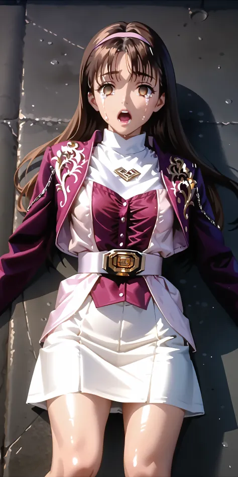 (High definition CG), (top quality), ((direct point of view)),in a dark prison,lies on the ground on her back,one woman,perfect face, wide hips, thin waist, ,purple bolero jacket,((white skirt)),long sleeve, Pink Belt, straight and long hair , brown ha...
