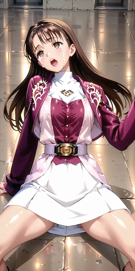 (High definition CG), (top quality), ((direct point of view)),Inside a Dark Prison,lies on the ground on her back,1 woman in the body,perfect face, wide hips, thin waist, ,purple bolero jacket,((white skirt)),long sleeve, Pink Belt, straight and long h...