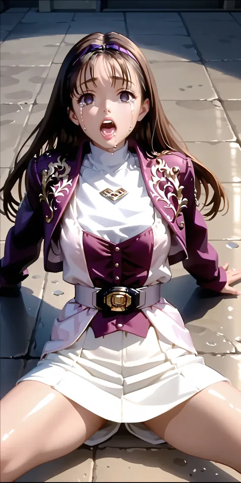 (High definition CG), (top quality), ((direct point of view)),in a dark prison,lies on the ground on her back,one woman,perfect face, wide hips, thin waist, ,purple bolero jacket,((white skirt)),long sleeve, Pink Belt, straight and long hair , brown ha...