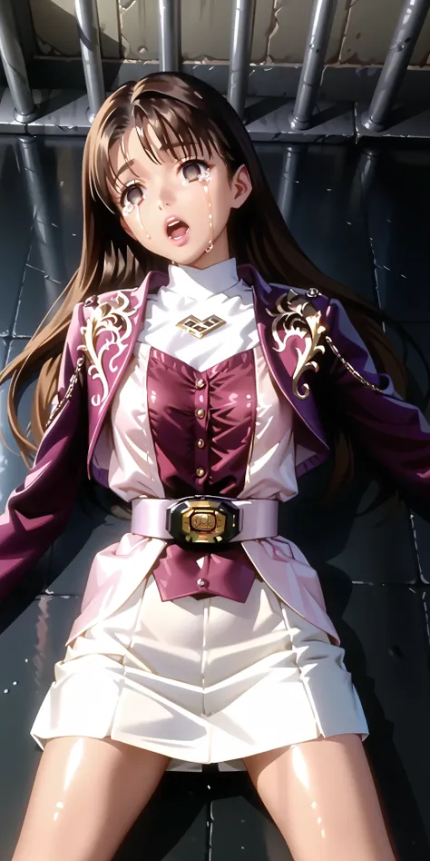 (High definition CG), (top quality), ((direct point of view)),Inside a Dark Prison,lies on the ground on her back,1 woman in the body,perfect face, wide hips, thin waist, ,purple bolero jacket,((white skirt)),long sleeve, Pink Belt, straight and long h...