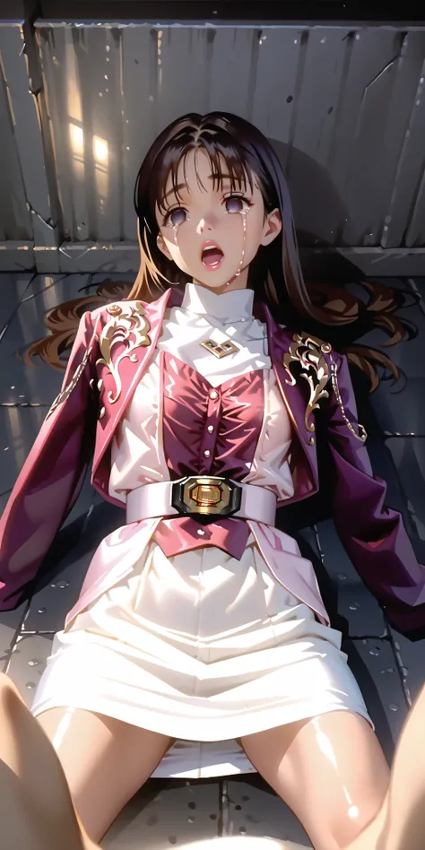 (High definition CG), (top quality), ((direct point of view)),Inside a Dark Prison,lies on the ground on her back,1 woman in the body,perfect face, wide hips, thin waist, ,purple bolero jacket,((white skirt)),long sleeve, Pink Belt, straight and long h...