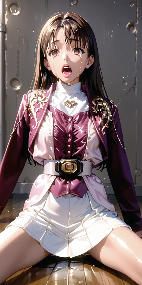 (High definition CG), (top quality), ((direct point of view)),Inside a Dark Prison,lies on the ground on her back,1 woman in the body,perfect face, wide hips, thin waist, ,purple bolero jacket,((white skirt)),long sleeve, Pink Belt, straight and long h...