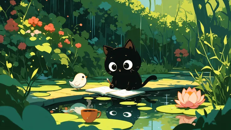 A cute black cartoon cat with big round eyes is sitting on the edge of a calm pond in a lush, magical forest. It's a gentle rainy day — soft raindrops fall across the scene, adding a sense of peaceful solitude. The cat is focused, drawing or writing in an ...