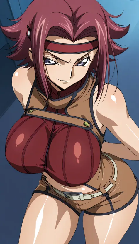  code gias: Lelouch of the Rebellion/Kallen Stadtfeld, blue eyes, Red hair, shorthair,
Red hair, Spike Hair, shorthair, side lock, blue eyes, Red Headband, bare skin shoulders, red turtleneck from above, sleeveless turtleneck on the back, Brown Jumpsuit, ,...