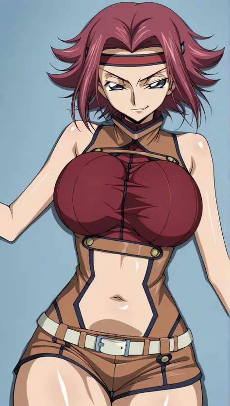  code gias: Lelouch of the Rebellion/Kallen Stadtfeld, blue eyes, Red hair, short hair,
Red hair, Spike Hair, short hair, side lock, blue eyes, Red Headband, bare skin shoulders, red turtleneck from above, sleeveless turtleneck on the back, Brown Jumpsuit,...