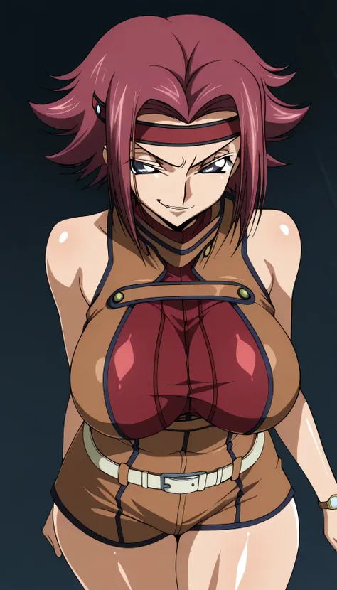  code gias: Lelouch of the Rebellion/Kallen Stadtfeld, blue eyes, Red hair, shorthair,
Red hair, Spike Hair, shorthair, side lock, blue eyes, Red Headband, bare skin shoulders, red turtleneck from above, sleeveless turtleneck on the back, Brown Jumpsuit, ,...