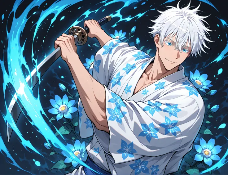 1man, adult, male focus, gojou satoru, jujutsu kaisen, white hair, short hair, ((hair between eyes)), colored eyelashes, white eyelashes, blue eyes, intricate eye iris, detailed eyes, muscular male, sexy man, handsome man, handsome face, white kimono with ...