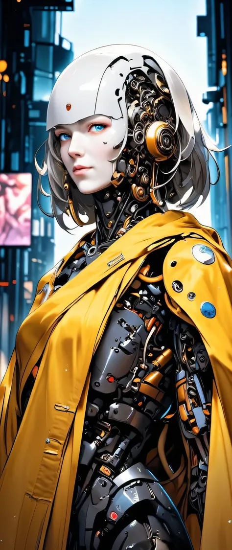 (masterpiece:1.2),(Highest Quality),(super detailed),(ultra high resolution),(best illustration),8k,Wallpaper,beautiful female cyborg,Full Body,psychedelic,Yellow costume、vector art,layered texture,progressive, Neo Tokyo