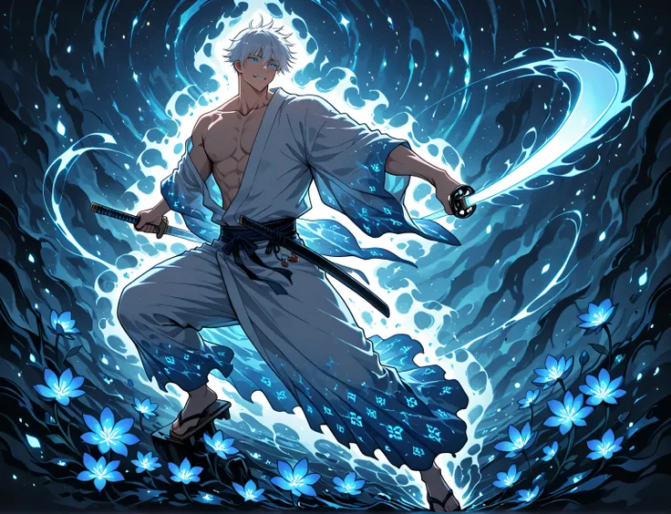 1man, adult, male focus, gojou satoru, jujutsu kaisen, white hair, short hair, ((hair between eyes)), colored eyelashes, white eyelashes, blue eyes, intricate eye iris, detailed eyes, muscular male, sexy man, handsome man, handsome face, white kimono with ...
