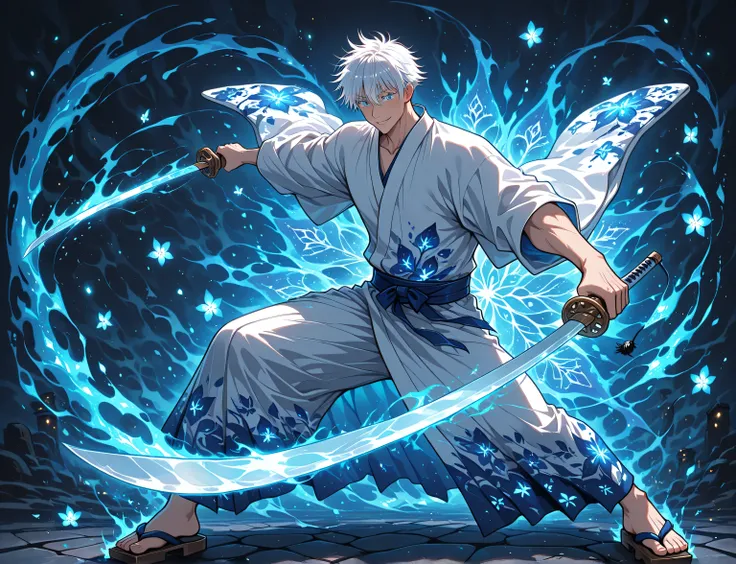 1man, adult, male focus, gojou satoru, jujutsu kaisen, white hair, short hair, ((hair between eyes)), colored eyelashes, white eyelashes, blue eyes, intricate eye iris, detailed eyes, muscular male, sexy man, handsome man, handsome face, white kimono with ...