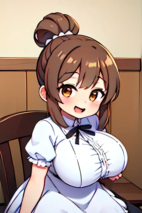 score_9_up,,score_8_up,score_7_up,score_6_up,score_5_up,score_4_up, 1 girl, satosasara, brown eyes, brown hair, single hair bun, (ponytail:1.2), long sideburns, long hair, frilled dress, white dress, white ribbon, short sleeves, puffy sleeves, puffy short ...