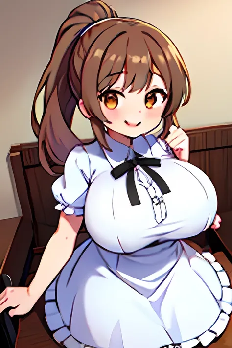 score_9_up,,score_8_up,score_7_up,score_6_up,score_5_up,score_4_up, 1 girl, satosasara, brown eyes, brown hair, single hair bun, (ponytail:1.2), long sideburns, long hair, frilled dress, white dress, white ribbon, short sleeves, puffy sleeves, puffy short ...
