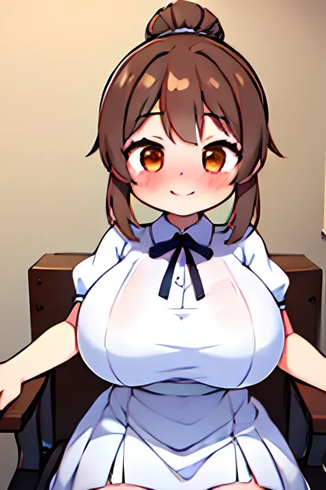 score_9_up,,score_8_up,score_7_up,score_6_up,score_5_up,score_4_up, 1 girl, satosasara, brown eyes, brown hair, single hair bun, (ponytail:1.2), long sideburns, long hair, frilled dress, white dress, white ribbon, short sleeves, puffy sleeves, puffy short ...