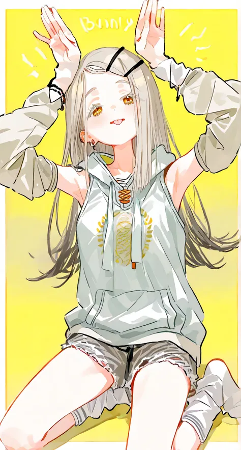 Sleeveless hoodie, arm warmers, bunny pose, tongue, ((Hiro Shinosawa)), Gakuen iDOLM@STER, loose socks 