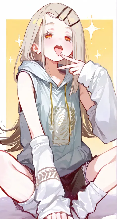 Sleeveless hoodie, oversized arm warmers, tongue, ((Hiro Shinosawa)), Gakuen iDOLM@STER, loose socks 