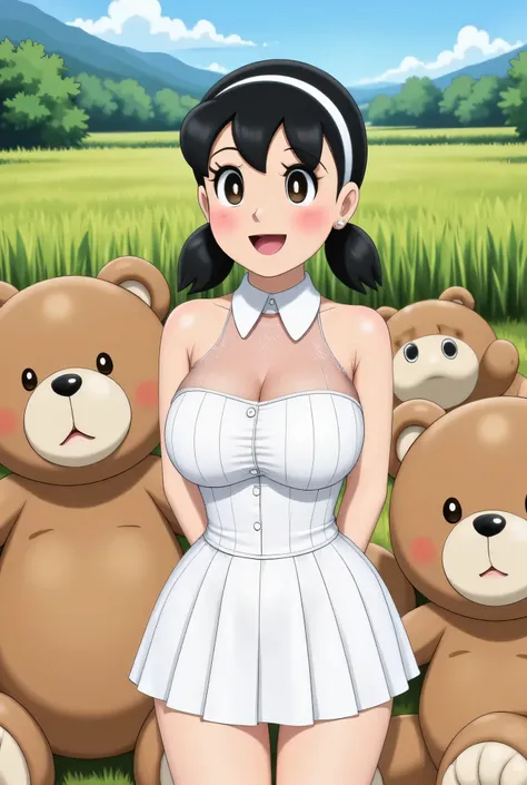 Visible female panties, front posing, ("Facial expression in Happy big Orgasm"), Both hands lying behind the back, (photorealistic:1.6) ((Indonesian hijab)), background rice paddy. daytime atmosphere, (((please don't showing any finger!!!))), (BARING DIATA...