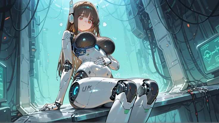 Cyberware, cybernetic lines, exposed mechanics, cable,cyborg, mechanical parts, robot joints,,nsfw, female head,long hair,cyborg style,cyborg,JK, soft large breast,master piece,best quality,ultra detailed,ultra hires,8k,beautiful detailed face,beautiful de...