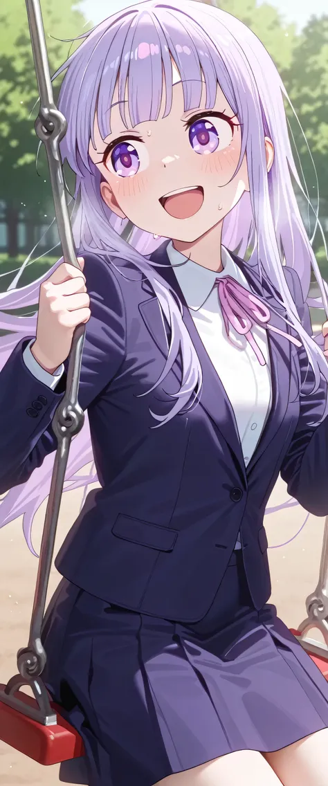 (beautiful girl: 1.3),Highest quality,8k,Highly detailed CG unit wallpaper,masterpiece:1.2,top-quality,Ultra-high resolution,RAW Photos,real texture skin,1girl,solo,Aoba SUZUKAZE,purple hair, long hair, small breasts,smile,Tilting head,suits, skirt,(close ...