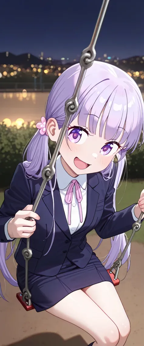 ((Standing on the swing)),(beautiful girl: 1.3),Highest quality,8k,Highly detailed CG unit wallpaper,masterpiece:1.2,top-quality,Ultra-high resolution,RAW Photos,real texture skin,1girl,solo,Aoba SUZUKAZE,purple hair, long hair, small breasts,smile,Tilting...