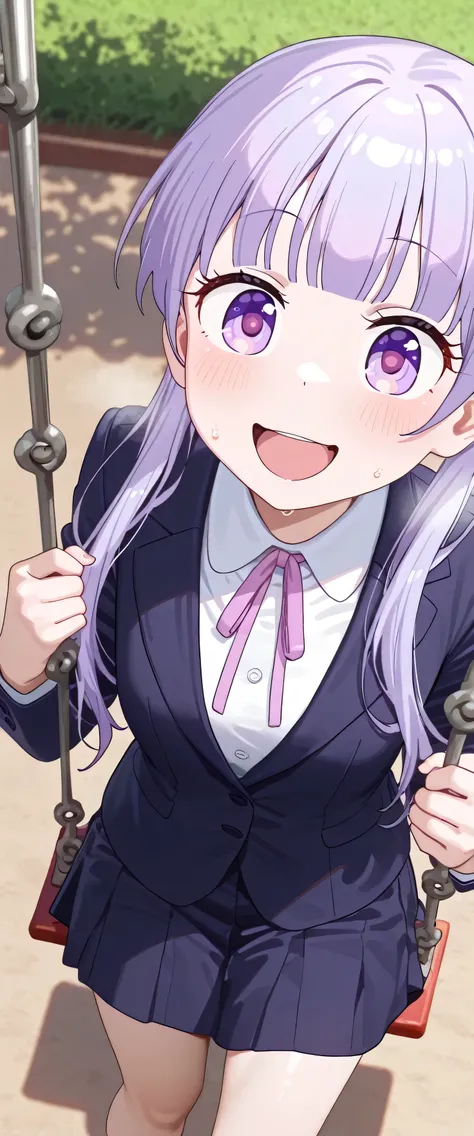 ((Standing on the swing)),(beautiful girl: 1.3),Highest quality,8k,Highly detailed CG unit wallpaper,masterpiece:1.2,top-quality,Ultra-high resolution,RAW Photos,real texture skin,1girl,solo,Aoba SUZUKAZE,purple hair, long hair, small breasts,smile,Tilting...
