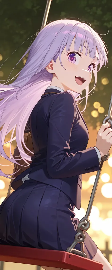 ((Standing on the swing)),(beautiful girl: 1.3),Highest quality,8k,Highly detailed CG unit wallpaper,masterpiece:1.2,top-quality,Ultra-high resolution,RAW Photos,real texture skin,1girl,solo,Aoba SUZUKAZE,purple hair, long hair, small breasts,smile,Tilting...