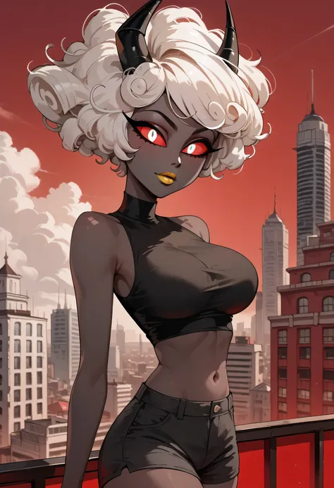 woman, big breasts, anime style, yellow lipstick, white eyes, red eye background, white hair, black skin, curly hair, bare shoulders, red sky, black horns, exposed belly button, shorts, Clara Carmine, Hazbin Hotel, solo, city