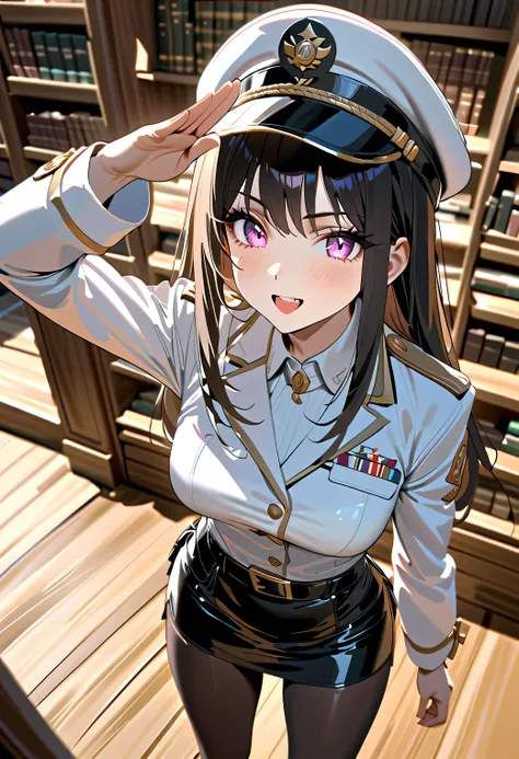 Female Instructor　military white uniform　military hat　long black hair in the library　It looks scary but it looks fun　　tight leather skirt　salute pose black tights　white high heels