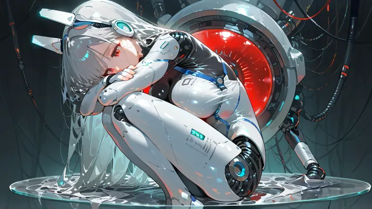 Cyberware, cybernetic lines, exposed mechanics, cable,cyborg, mechanical parts, robot joints,,nsfw, female head,long hair,cyborg style,cyborg,JK, soft large breast,master piece,best quality,ultra detailed,ultra hires,8k,beautiful detailed face,beautiful de...