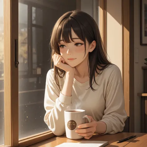 A quiet corner of a cozy café in soft afternoon light. A young woman sits alone at a wooden table by the window, holding a warm cup of coffee in both hands. Her expression is thoughtful, but there’s a hint of a gentle smile returning. Outside, warm light g...