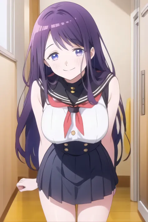     city tour    ,women in light clothing in sleeveless clothes，pleated micro mini skirt，cowboy angle under，すらりと細いウエストにBig breasts，Even if my breasts are big and my waist is thin，Slender Woman，Purple Long Hair，uniform ，can you draw a nice smile,，High Schoo...