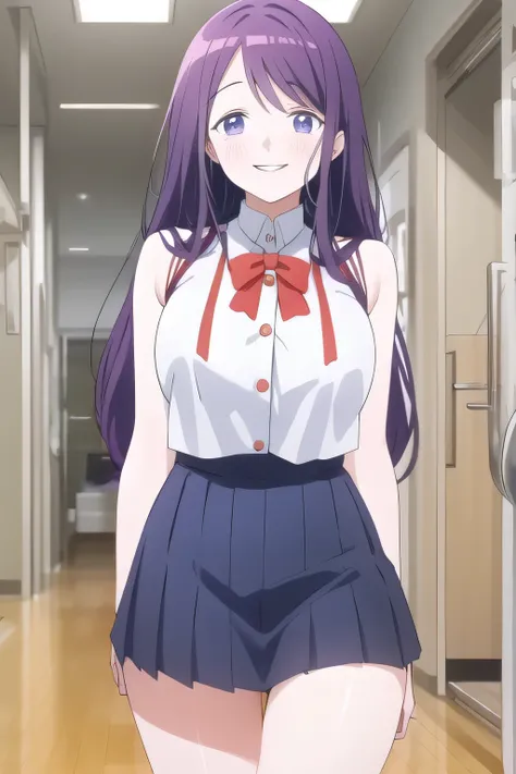     city tour    ,women in light clothing in sleeveless clothes，pleated micro mini skirt，cowboy angle under，すらりと細いウエストにBig breasts，Even if my breasts are big and my waist is thin，Slender Woman，Purple Long Hair，uniform ，can you draw a nice smile,，High Schoo...