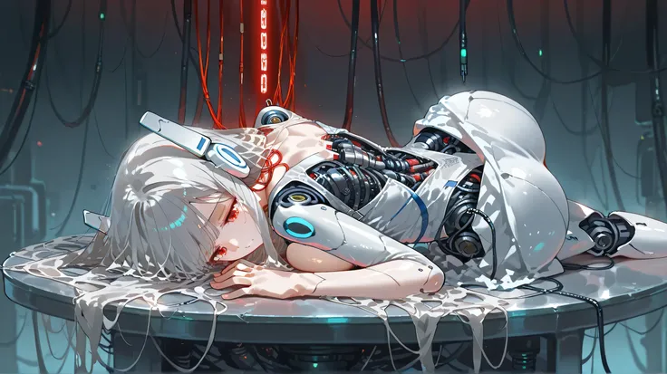 Cyberware, cybernetic lines, exposed mechanics, cable,cyborg, mechanical parts, robot joints,,nsfw, female head,long hair,cyborg style,cyborg,JK, soft large breast,master piece,best quality,ultra detailed,ultra hires,8k,beautiful detailed face,beautiful de...