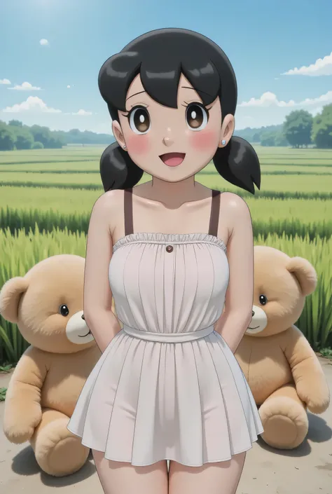 Visible female panties, front posing, ("Facial expression in Happy big Orgasm"), Both hands lying behind the back, (photorealistic:1.6) ((Indonesian hijab)), background rice paddy. daytime atmosphere, (((please don't showing any finger!!!))), (BARING DIATA...